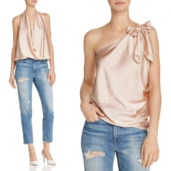 Ramy Brook || Harriet Convertible Silk Charmeuse Top Blush L Halter One Shoulder - Picture 1 of 9